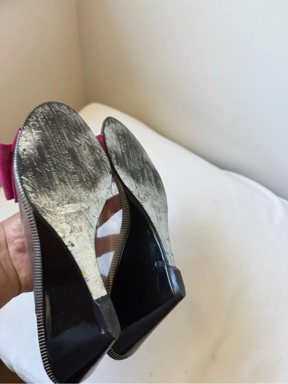 Y2K Beverly Feldman Pink Bow Clear Slingback Heels Retro Statement Shoes Size7.5